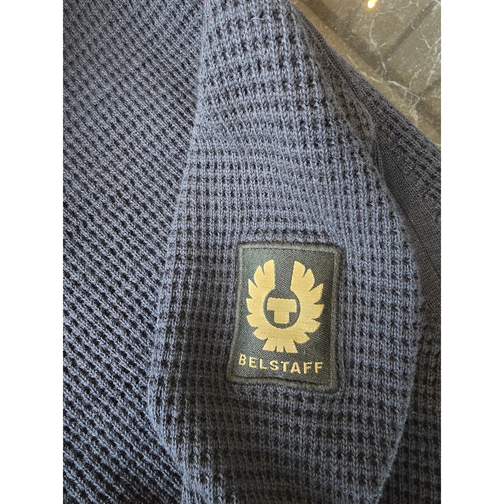 Belstaff Mens Quarter 1/4 Zip Pullover Knit Sweater Arm Logo Large Navy‎ Blue - Picture 3 of 6